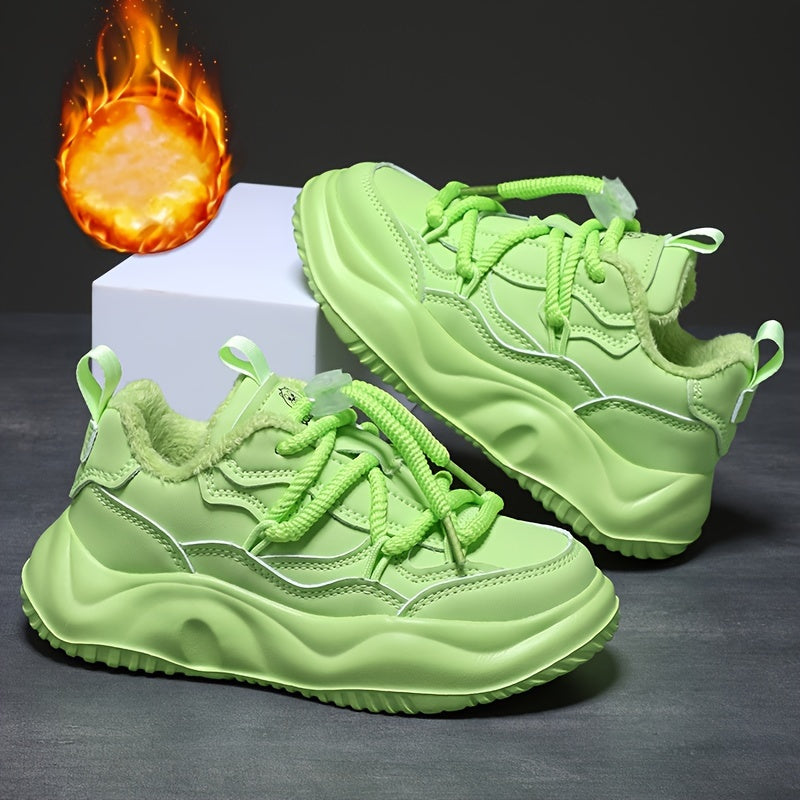 Casual Cool Solid Color Plus Fleece Sneakers For Girls, Wear-resistant Non-slip Warm Running Shoes For Winter