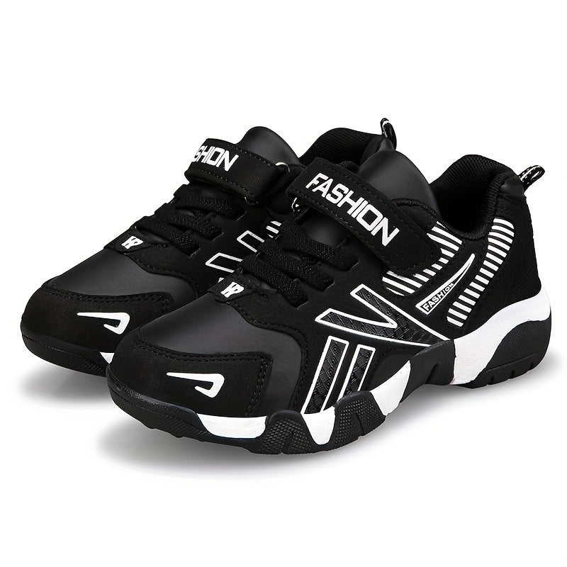 Boys' Fashion Athletic Sneakers with Geometric Pattern, Adjustable Closure, PU Upper & Fabric Inner, Rubber Sole, Round Toe - Low Top Sport Shoes for Age 14 and Under