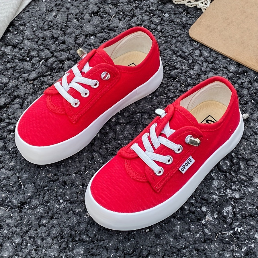 Youngsters' Fashion Canvas Shoes - Breathable Slip-On Low Tops with Adjustable Laces for Boys & Girls - Solid Colors, Easy Wear Spring/Fall Footwear