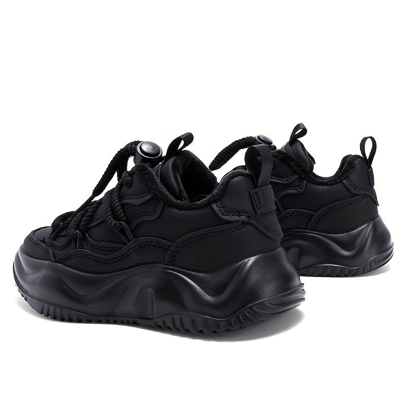Casual Cool Solid Color Plus Fleece Sneakers For Girls, Wear-resistant Non-slip Warm Running Shoes For Winter