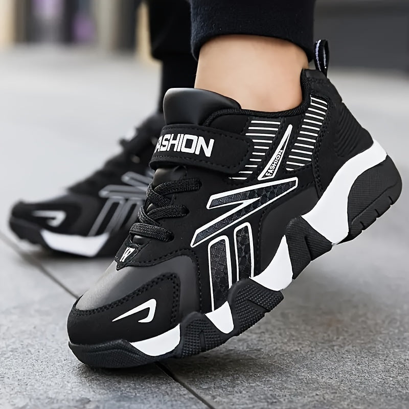 Boys' Fashion Athletic Sneakers with Geometric Pattern, Adjustable Closure, PU Upper & Fabric Inner, Rubber Sole, Round Toe - Low Top Sport Shoes for Age 14 and Under
