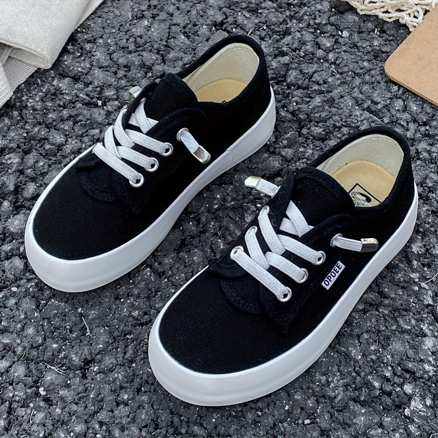 Youngsters' Fashion Canvas Shoes - Breathable Slip-On Low Tops with Adjustable Laces for Boys & Girls - Solid Colors, Easy Wear Spring/Fall Footwear
