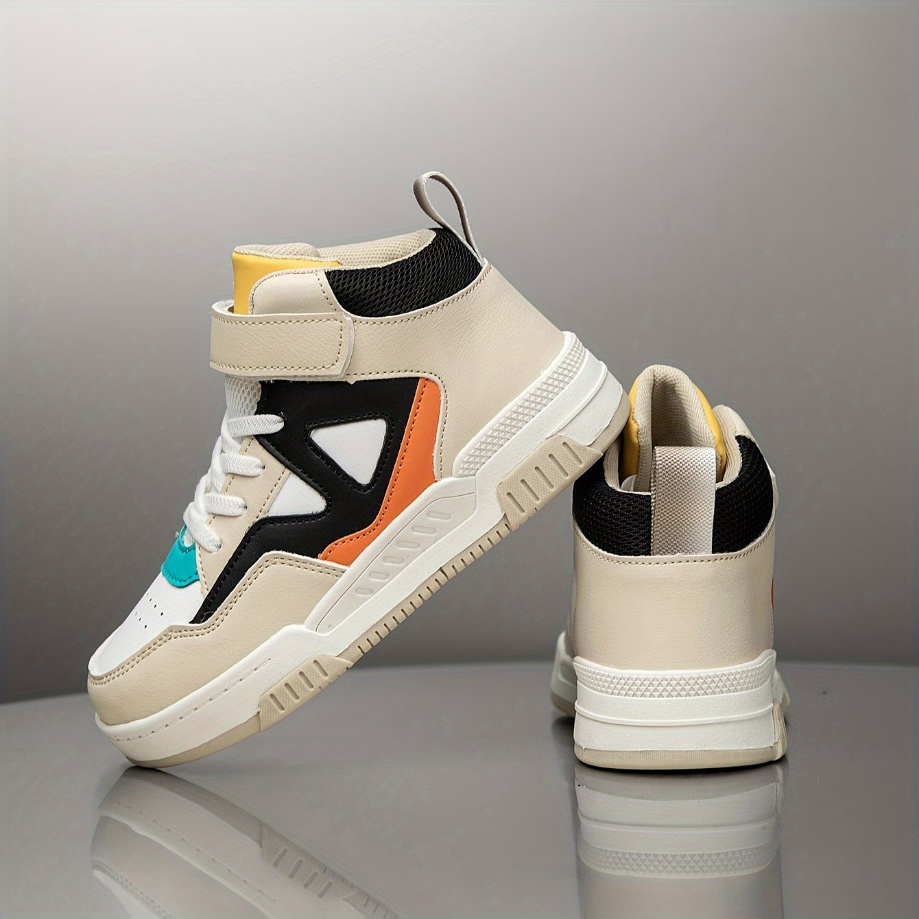 Youngsters' High-Top Sneakers - Breathable, Comfortable Casual Running Shoes with Easy Slip-On Hook-and-loop Fastener Closure for Boys & Girls - Fashionable Geometric Print, All-Season Wear