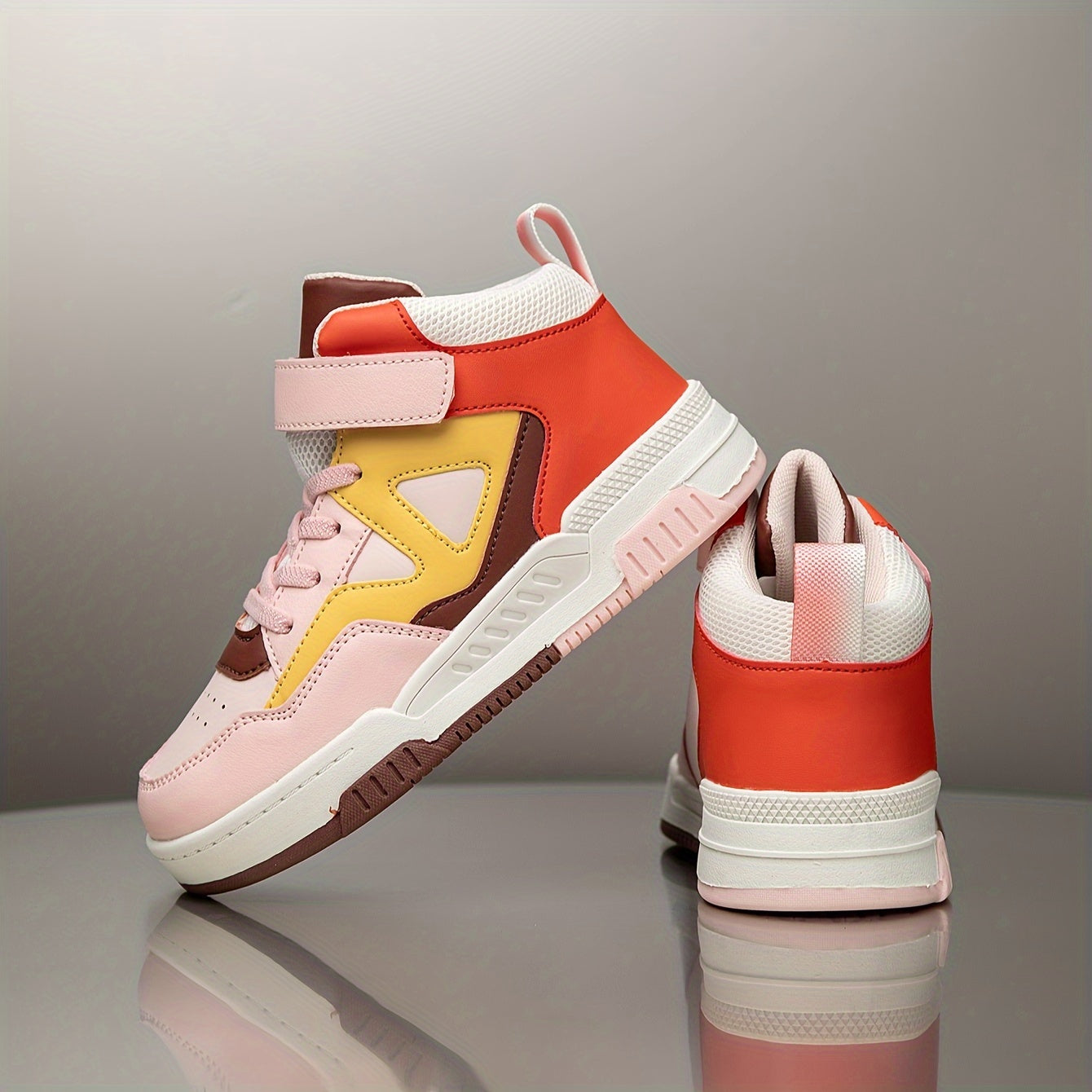 Youngsters' High-Top Sneakers - Breathable, Comfortable Casual Running Shoes with Easy Slip-On Hook-and-loop Fastener Closure for Boys & Girls - Fashionable Geometric Print, All-Season Wear