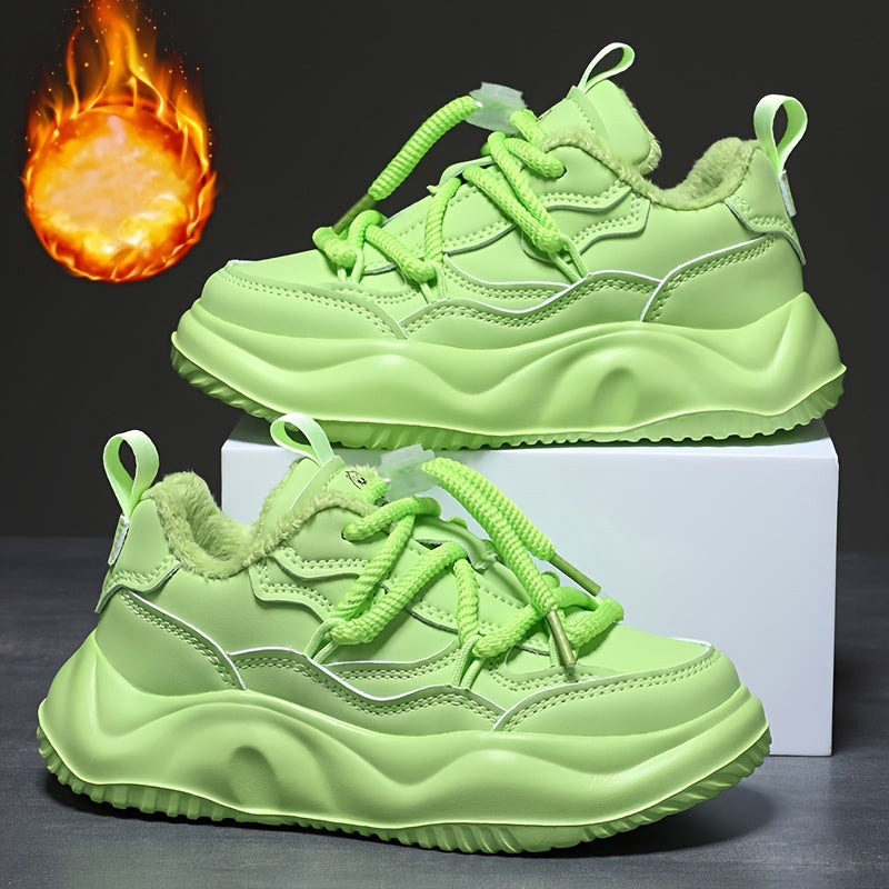 Casual Cool Solid Color Plus Fleece Sneakers For Girls, Wear-resistant Non-slip Warm Running Shoes For Winter