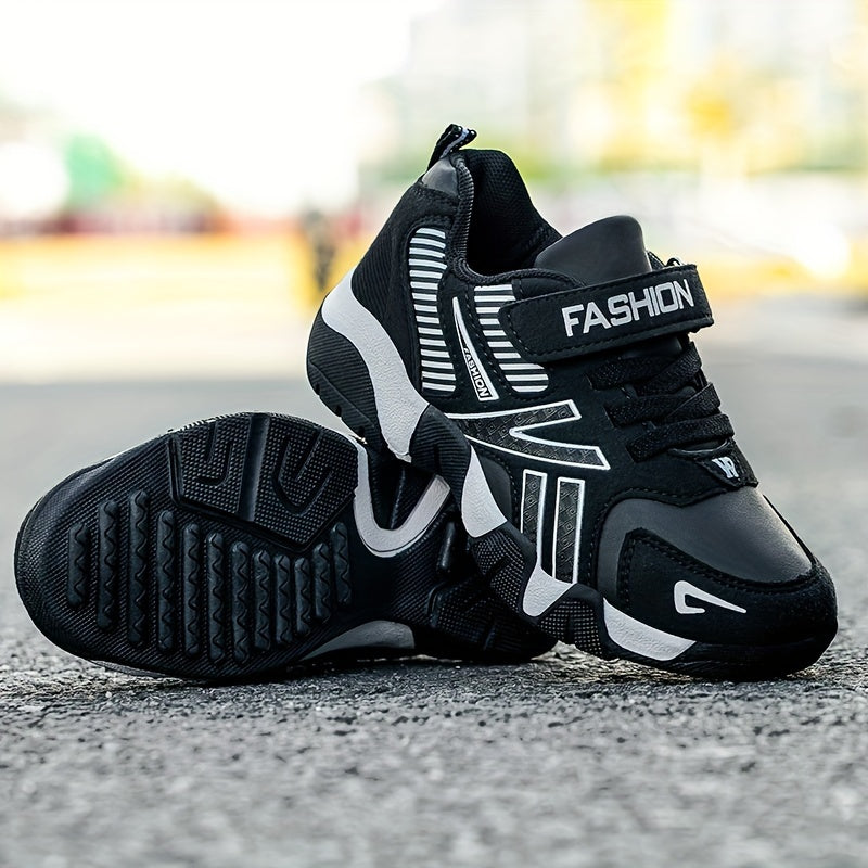 Boys' Fashion Athletic Sneakers with Geometric Pattern, Adjustable Closure, PU Upper & Fabric Inner, Rubber Sole, Round Toe - Low Top Sport Shoes for Age 14 and Under