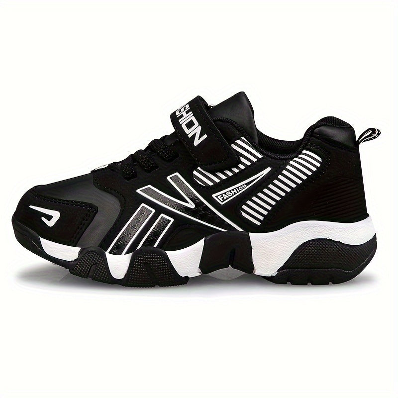 Boys' Fashion Athletic Sneakers with Geometric Pattern, Adjustable Closure, PU Upper & Fabric Inner, Rubber Sole, Round Toe - Low Top Sport Shoes for Age 14 and Under