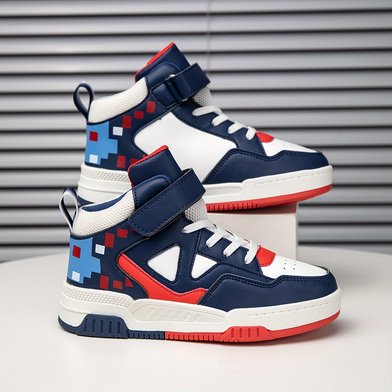Youngsters' High-Top Sneakers - Breathable, Comfortable Casual Running Shoes with Easy Slip-On Hook-and-loop Fastener Closure for Boys & Girls - Fashionable Geometric Print, All-Season Wear