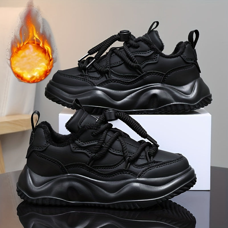 Casual Cool Solid Color Plus Fleece Sneakers For Girls, Wear-resistant Non-slip Warm Running Shoes For Winter