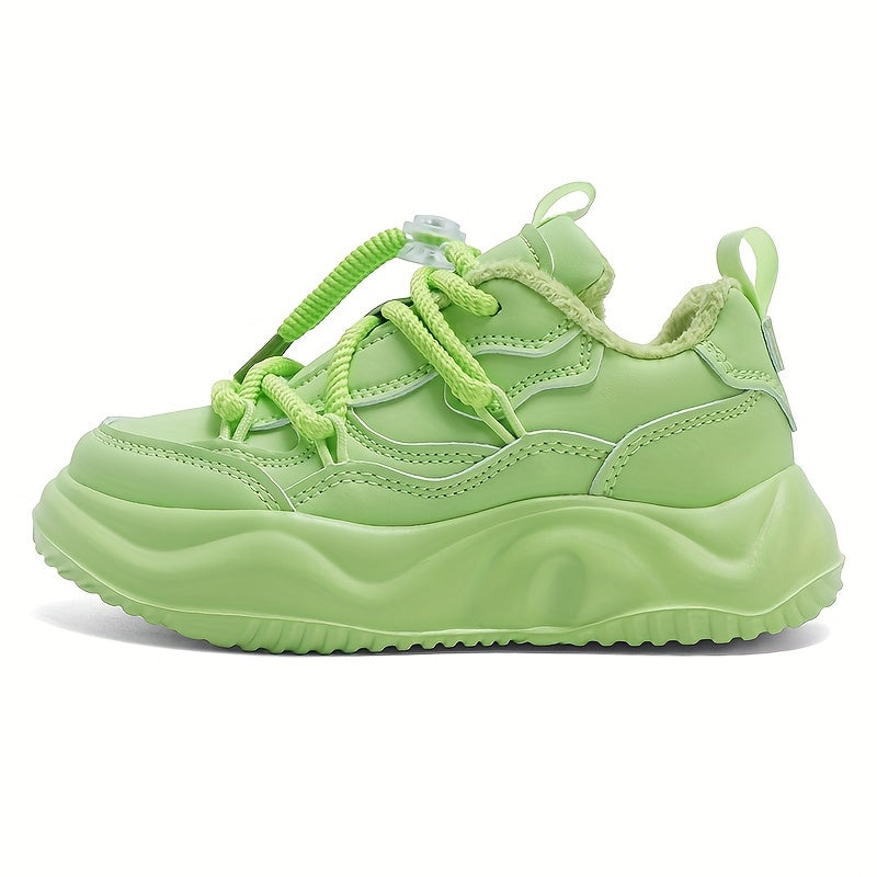 Casual Cool Solid Color Plus Fleece Sneakers For Girls, Wear-resistant Non-slip Warm Running Shoes For Winter