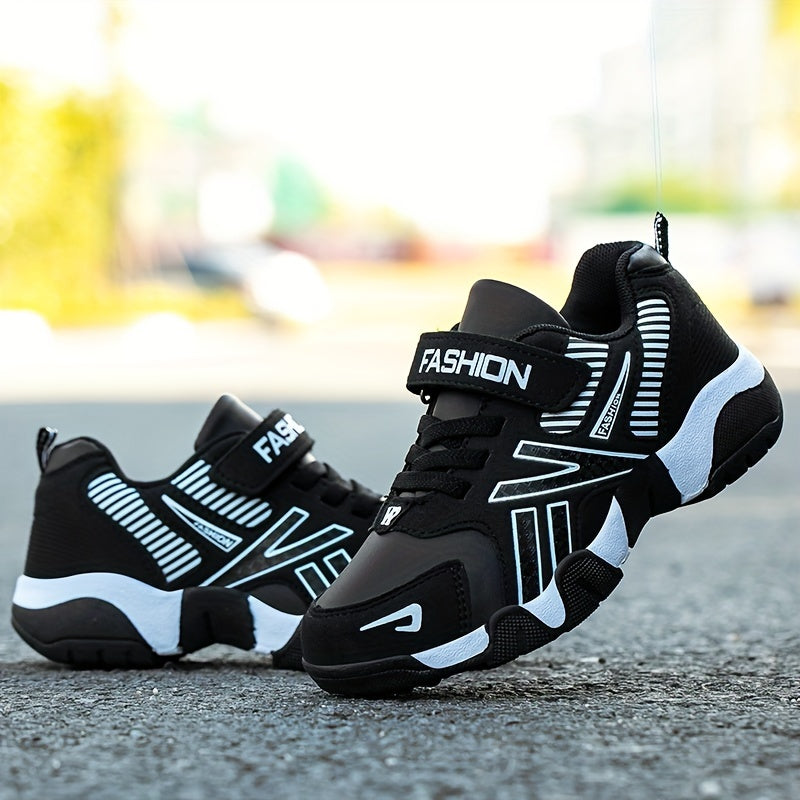 Boys' Fashion Athletic Sneakers with Geometric Pattern, Adjustable Closure, PU Upper & Fabric Inner, Rubber Sole, Round Toe - Low Top Sport Shoes for Age 14 and Under