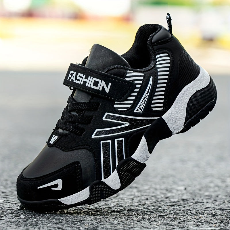 Boys' Fashion Athletic Sneakers with Geometric Pattern, Adjustable Closure, PU Upper & Fabric Inner, Rubber Sole, Round Toe - Low Top Sport Shoes for Age 14 and Under