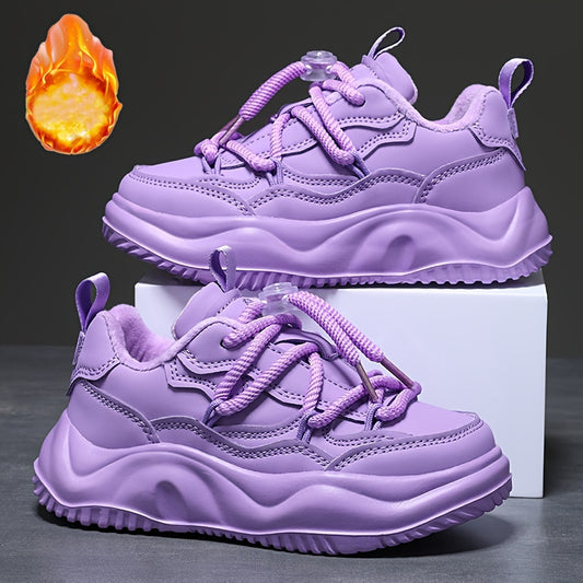 Casual Cool Solid Color Plus Fleece Sneakers For Girls, Wear-resistant Non-slip Warm Running Shoes For Winter