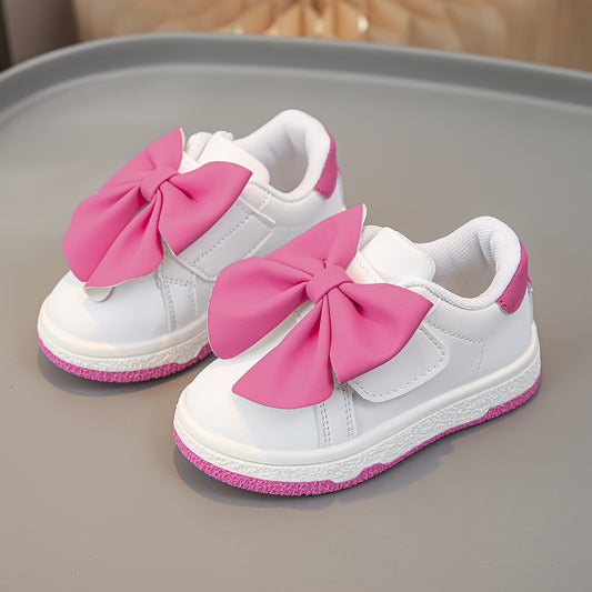 Adorable Pink Bow White Sneakers for Girls - Casual All-Season Shoes with Easy Closure, Low Top Design, Round Toe, Soft Fabric Upper, Stylish Casual Footwear|Playful Bow Design|Easy Closure Shoes