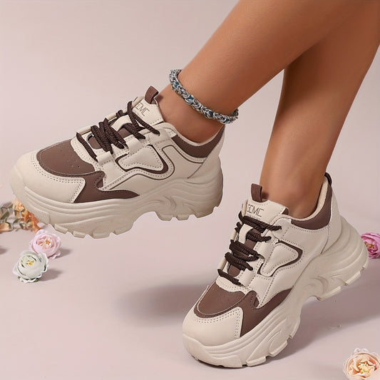 Girls' Retro Chunky Dad Shoes - Vintage Color Block Design, Soft Rubber Sole, Lace-Up Casual Sneakers for All Seasons, Low-Top PU Upper, Brown & Cream Two-Tone, Comfortable for Running, Hiking & Casual Attire, Hiking Footwear