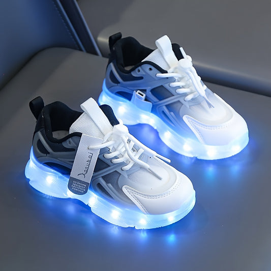 Casual Cool Rechargeable LED Sneakers For Boys, Shock-absorbing Non-slip Sneakers For Running Training, Light Up Sport Shoes