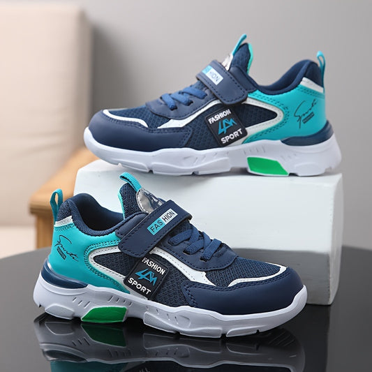Youngsters' Breathable Quick-Dry Athletic Sneakers - Boys & Girls, Blue & Turquoise with Fashion Sport Design, Hook-and-loop Fastener Strap, Non-Slip EVA Sole, Mesh Upper for Spring/Summer Casual Wear, Youngsters Sneakers|Fas